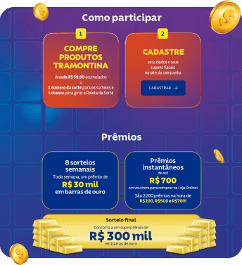 A cada R$ 50,00 acumulados = 1 número da sorte para os sorteios e 1 chance para girar a Roleta da Sorte.