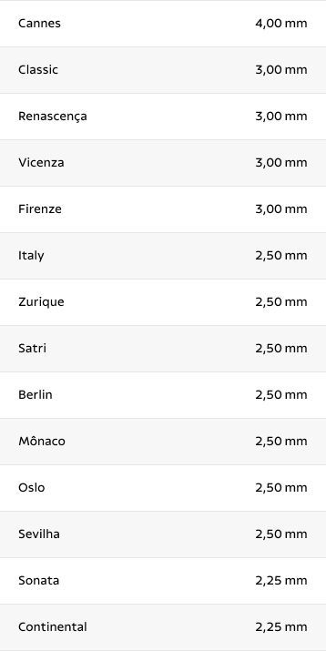 Cannes 4,00 mm; Classic 3,00 mm; Renascença 3,00 mm; Vicenza 3,00 mm; Firenza 3,00 mm; Italy 2,50 mm; Zurique 2,50 mm; Satri 2,50 mm; Berlin 2,50 mm; Mônaco 2,50 mm; Oslo 2,50 mm; Sevilha 2,50 mm; Sonata 2,25 mm e Continental 2,25 mm.